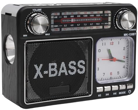 Altavoz Bluetooth Radio Estilo Retro, Radio Portátil Am FM SW, Radio de Sintonización Manual Inalámbrica con 3 Modos de Fuente de Alimentación, Reloj para el Hogar (Enchufe de la