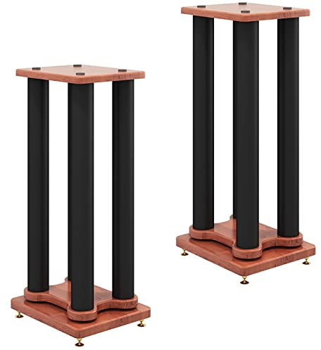 Paire De Supports D'Enceintes Universels Marron avec Colonne Centrale en Métal Noir, Support D'Enceintes De Bibliothèque À Son Surround Robuste Et Durable, Facile À Installer (Haut)