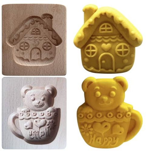 Wooden Cookie Molds,DIY Candy House Bear Shaped Press Mold Non Stick Cookie Stamp Wooden Carved Mould Cookie Cutter Embossing Mold for Baking Gingerbread Muffin Moon Pies Chocolate Cake