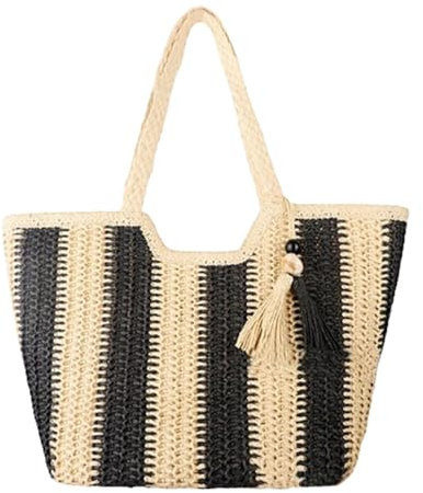 Generisch Strohtaschen Damen,Sommer Strandtasche Stroh Groß,Streifen Handgewebt Stroh Tote Tasche Mit Reißverschluss