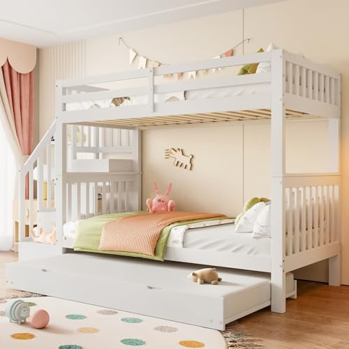 KOMHTOM Lit Superposé avec Escaliers de Stockage Lit en Bois avec Lit Extensible Clôture de Sécurité Cadre de Lit Sommier à Lattes(sans Matelas) (B, 90x200cm)