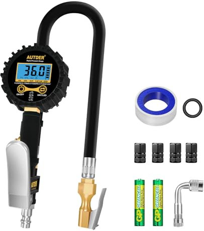 AUTDER Digitales Reifenluftdruckmessgerät mit LCD-Display, 250 PSI, 3-in-1 Inflator, Robuster Gummischlauch und Schnellanschlusskupplung – Für Autos, Lkw, Motorräder, Fahrräder und Sportbälle, Gelb