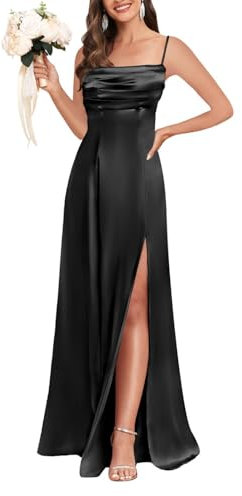 YIANN Robe de bal longue en satin à bretelles spaghetti et col bénitier avec fente pour femme, robe de bal trapèze, robe de demoiselle d'honneur, Noir , 54 plus