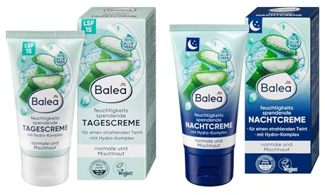 Balea dagkräm och nattkräm för normal och blandhy, med 10 % aloe vera, fuktgivande, med hydrokomplex för strålande hy, vegan, uppsättning av 2