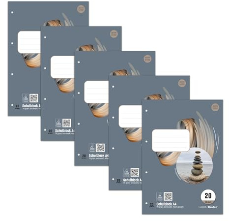 Staufen Style Schulblock - 5 Blöcke à 50 Blatt, DIN A4, LIN 20, blanko | Lineatur 20, hochwertiges Papier, ausgezeichnet mit dem EU Ecolabel, praktische Details, 4-fach gelocht