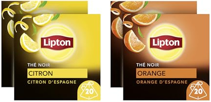Lipton, Thé Noir, Pack de 4 Boites de thé, x2 Orange d'Espagne + x2 Citron d'Espagne, 2x40 sachets, 80 Sachets