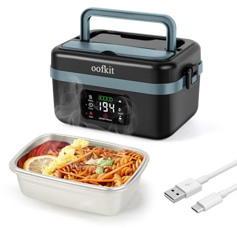 oofkit Lonchera eléctrica para adultos (hombres y mujeres), lonchera térmica alimentada por pilas con puerto de carga USB, autocalentamiento sin núcleo, calentador de alimentos portátil para comidas