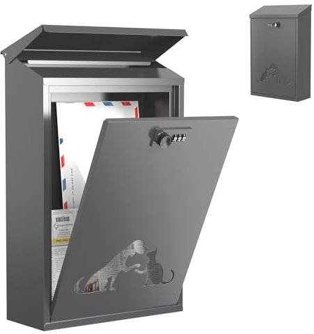 Post Box, Post Boxes Wall Mounted Waterproof Large Steel Mail box Modern Delivery Postbox with Combination Lock, Rain Cover, Viewing Windows Lockable Letterbox,Letter Box for Outside,Door,40x25x10cm