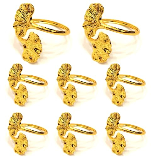 Climple Serviettenringe mit Blättern, 8 Stück – Ginkgo Biloba Blatt Serviettenringe Gold – Herbst Serviettenringe Halter Schnallen für Urlaub, Thanksgiving Esstisch