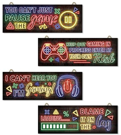 Game Room Decor - 4PCS Wooden Gaming Wall Art with Neon Cartoon Designs, Gaming Bedroom Accessories, Gaming Sign, Inspirational Lightning Gaming Posters Door Sign For Teenage Boygaming Room Decor