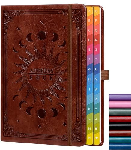 Adressbuch mit farbigen alphabetischen Registerkarten (21,3 x 14,5 cm) – Hardcover-Kontaktorganizer für Website-Passwörter, Telefon, Softwarelizenzen und wichtige Informationen – Dunkelbraun