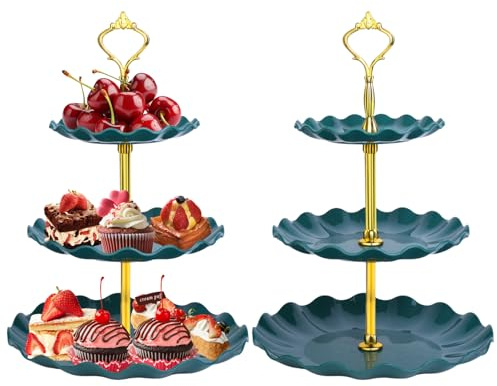 Zouboto 3 Tiers Cake Display Stand,2PCS Afternoon Tea Stands,Cupcake Stand,Cup Cake Fruit Dessert Party Server Plates Stands,Reusable Food Serving Platter Stand for Birthday,Wedding,Party(Green)