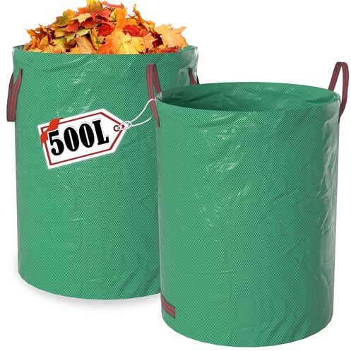 YRHome 2X Gartenabfallsack Gartensack Laubsack Gartensäcke 500L doppelter Boden UV-Beständig Wasserdicht Stabil Selbststehender Faltbar Wiederverwendbare Für Laub & Grünschnitt Gartenabfall