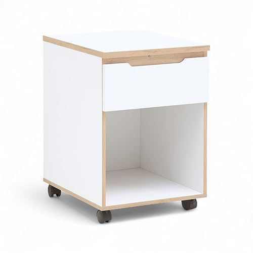 Memphis Rollcontainer Schreibtisch Schrank Weiß Artisan Eiche Optik | 45 x 66 x 55 cm (B/H/T), Büroschrank mit offener Ablage und Schubkasten, 4 Rollen für Mobilität, für das Büro