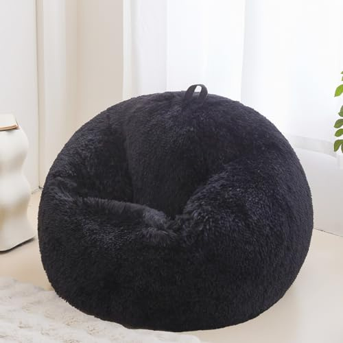 Fuzzy soft Black bean bag chair cover, for Living Room (No Filler)，Fluffy shaggy Stuffed Animal Storage Big Gaming Bean Bag Chair Cover ，Furry plush Decor Home for girls, kids, teens, and adults