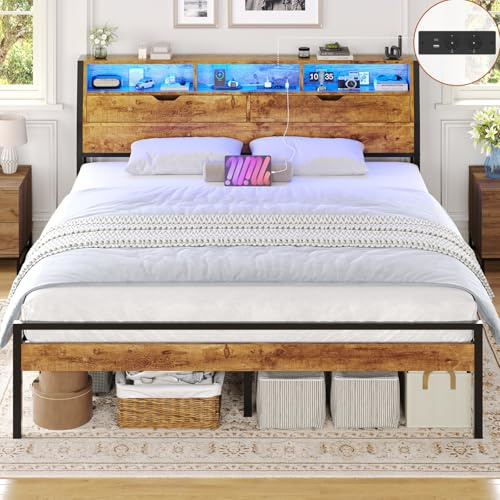 Brinlawb Bett 160x200 mit Lattenrost aus Metall, Bettgestell 160x200 cm mit LED Beleuchtung, Metallbett 160x200cm mit Kopfteil und Steckdose, Doppelbett mit Stauraum, 2 Schränke mit Türen, Braun