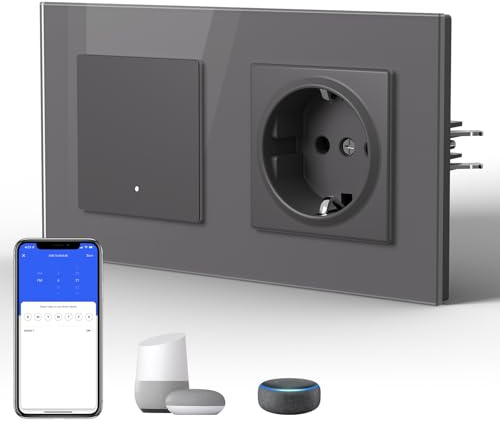 BSEED Interruptor Inteligente WIFI con Vidrio,Basculante Con Pilotitos LED,Requiere Cable Neutro,E-Series,1 Gang 1 Vía mit Enchufe,157mm Gris