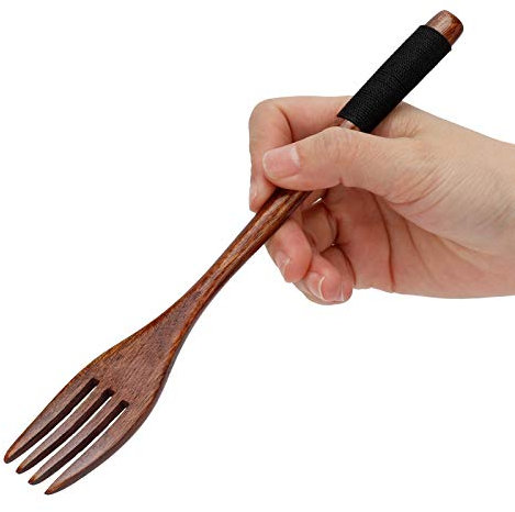BigKing 1 tenedor de madera de 22,5 cm, vintage, tenedor de madera con mango largo de estilo japonés envuelto con alambre, vajilla de cocina, tenedor para pícnic, fiestas de camping