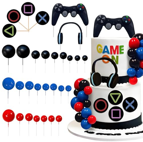 Tortendeko Gaming Set, Deko Geburtstag Junge für Gamer Mottoparty, Tortendeko Geburtstag Junge mit Controller, Kopfhörer & Ballon (Blau und Rot)