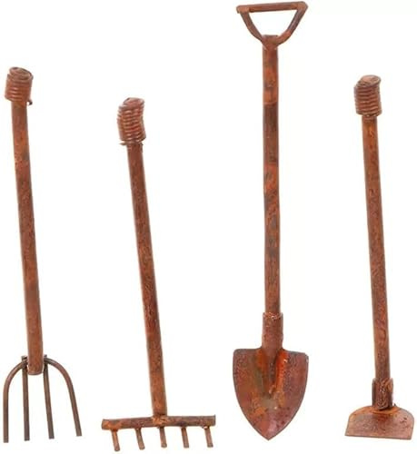 4 Pcs Miniature Dollhouse Garden Tools 1:12 Mini Rusty Shovel Hoe and Pitchfork Fairy Garden Accessories Furniture Ornaments Micro Landscape Decor Garden Sculptures Statues, Decorations