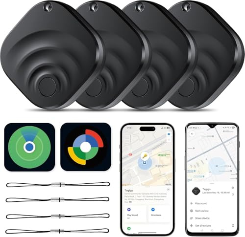 Lot de 4 Traceur Tag Android & iOS, Compatible avec Apple Find My et Google Find Hub, Tracker GPS Android & iOS avec Batterie remplaçable, pour Portefeuilles/Valises/Clés/Bagages (4 Noir)