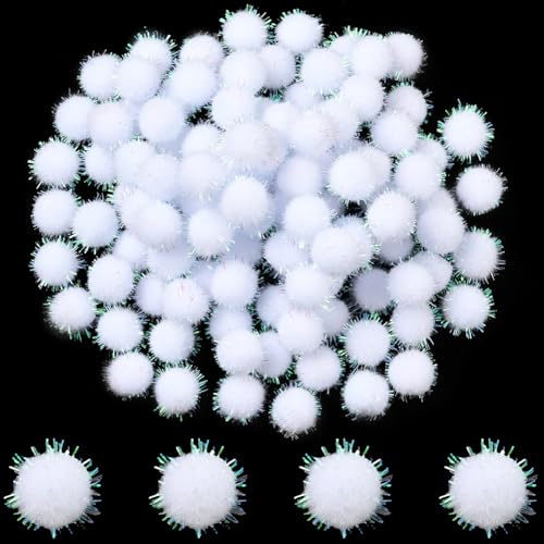 SUNNYCLUE 120 Stück 15mm Lametta Pompons Weiß Glitzernde Pompons Weihnachts Glitzerkugel Weiche Pailletten Polyester Basteln Rund Süß Flauschig Kleine Pompons Zum Basteln DIY Herstellen von Kreativen