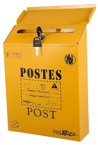 Alipis Boîte aux Lettres Murale Verrouillable en Fer Vintage Jaune Clés Style Américain Rétro pour Journaux Lettres et Boîte à Suggestions Décoration Extérieure et Intérieure