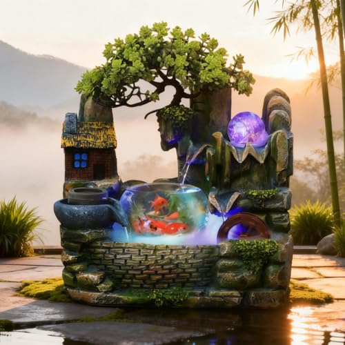 Zimmerbrunnen Wasserfall, Grüne Pflanze Brunnen, Deko Tischbrunnen | Farbwechsel LED Beleuchtung, Feng Shui Rad und Transparentes Aquarium für Zimmer, Wohnräume und Büros (30 x 20 x 36 cm)