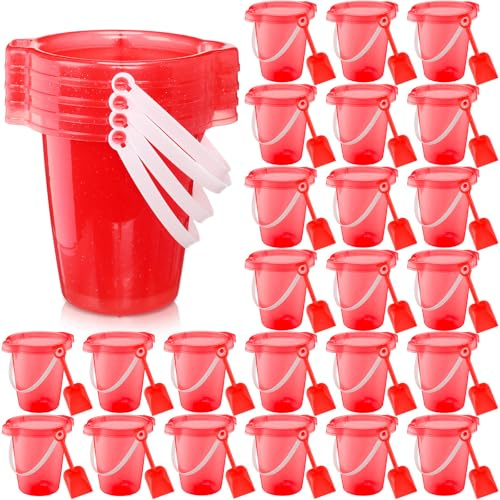 Arrowbash 24 Set 7.5 Inch Sand Buckets and Shovels for Kids, Plastic Beach Pail Sand Shovel Bulk Toys for Summer Beach Party Accessories (Red)
