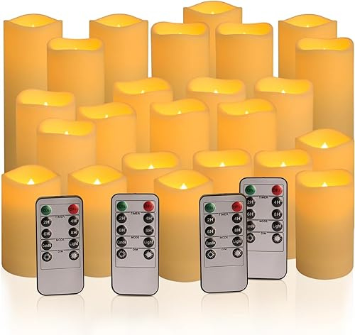 LIVEN Set of 24 Waterproof Outdoor Flameless Candles, LED Candles with 4 Remote and Timer,(D2.2 X H4 ”5” 6” inch),for Christmas,Halloween,Wedding,Festival [Energy Class A++]