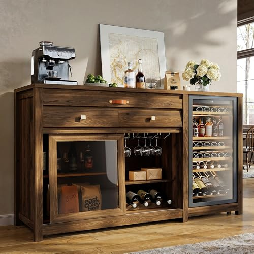 STO'SENSE Extra Large Coffee Bar Cabinet w/Fridge Space&Power Outlet,Lux MiniFridge Cabinet w/2Drawers,Wine Rack,Leather Handle,Adj.Shelves,Bar Tray,Glass Holder&Sliding Door,Buffet Sideboard,Walnut
