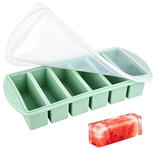 Große Silikon-Eiswürfelform mit Deckel, 6-Fach Eiswürfelschale für XL-Würfel, verstärkter Stahlrand, Skala 62,5 ml & 125 ml, leicht lösbar, stapelbar, für Gefrierfach, Mikrowelle und Spülmaschine