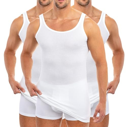 HERMKO 3007 3-pack extra lång herrundertröja (+10 cm) linne av 100 % ekologisk bomull, Vit, M