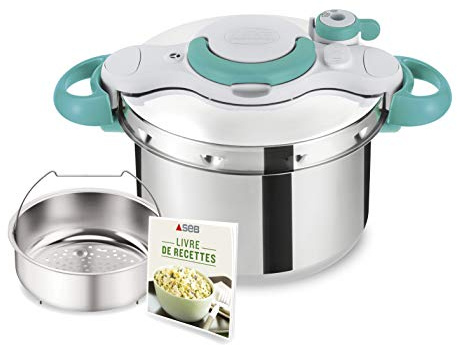 Tefal Seb P4620616 ClipsoMinut' Easy - Olla a Presión, Inoxidable, para Todos los Fuegos (incluido Inducción) + Libre 100 Recetas, Azul, 4,5 L, Acero Inoxidable, 23.5 x 39 x 29.5 cm