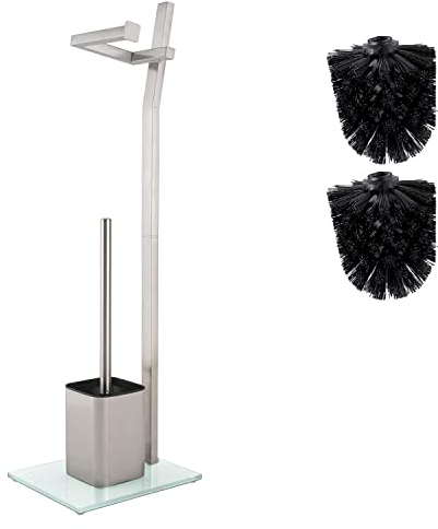 WC Garnitur - Mattes Chrom - 22 x 18 x 70 cm - Inkl. Toilettenpapierhalter Und Toilettenbürste - Rostfreier Edelstahl - Standfuß Aus Glas Mit Klobürste - Plus: 1 und 2 Klobürstenköpfe Zum Austauschen