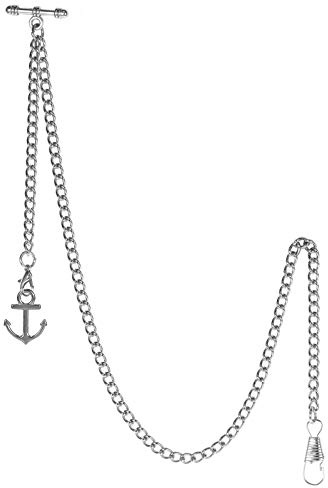 TREEWETO Taschenuhrkette mit T Bar Endstück Albert T-Bar Taschenuhr Kette mit Antiker Anker Anhänger und 2 Haken für Weste Knopfloch