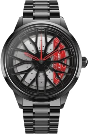 DriftElement Motorsport Felgenuhr Herren - Sportwagen Männer Armbanduhr im 3D Design der Sternspeichen M8 Felge aus Edelstahl - Custom Designer Uhr mit Mineralglas (Rot)
