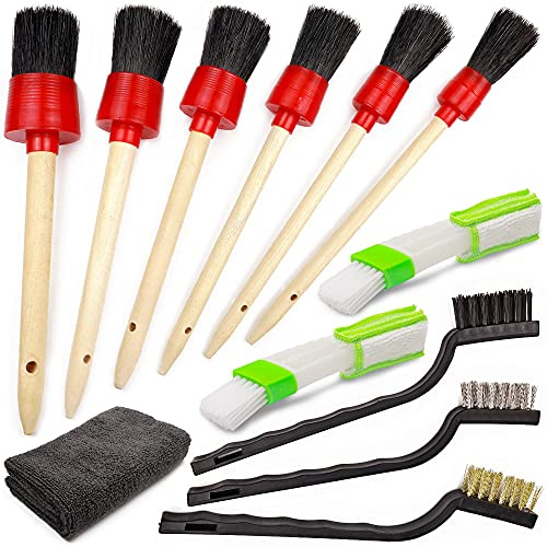 TAKAVU Car Detailing Cleaning Kit, 6pcs Detailing Brushes, 3pcs Wire Brush, 2pcs Air Conditioner Brush and Microfiber Cloth for Cleaning Wheels, Interior, Exterior, Leather, Motorcycle