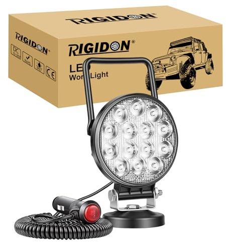 RIGIDON 1x led arbeitsscheinwerfer magnetfuß, suchscheinwerfer, 4 zoll 42W | spot, zigarettenanzünder, 5 meter kabel, 12V 24V, offroad beleuchtung, zusatzscheinwerfer, für auto traktor KFZ LKW 4x4 boot