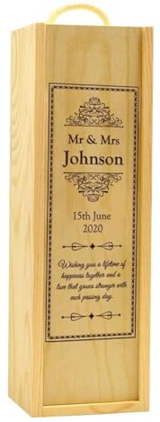 Personalised Wooden Champagne Gift Box | Customised Vintage Ornate Frame Design Wooden Box with Rustic Rope | Gift for Birthday Wedding Anniversary | Print with Any Name Message and Date