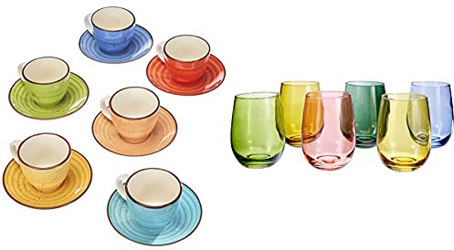 Tognana Ls18534M043 Set 6 Tazze Caffè Con Piatto Cc90 Art & Pepper, Stoneware & N3585D70032 Set 6 Bicchieri Tulip Multicolor Cc 400, Vetro