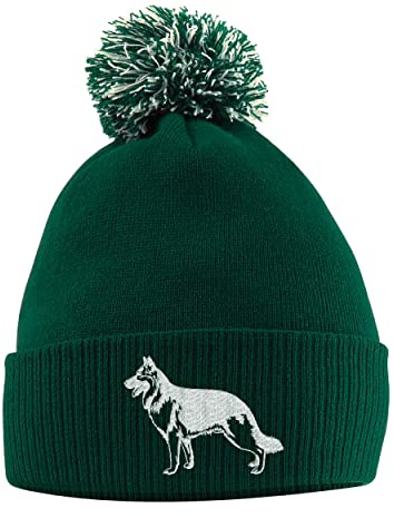 Purple Print House Bonnet à pompon avec pompon pour berger allemand - Idée cadeau pour les amateurs de chiens alsaciens - Pour homme, femme, enfant, vert bouteille, taille unique