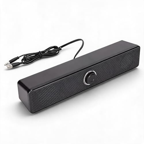 Ultra-Slim Computer Soundbar, USB Powered 6W Stereo Speakers for PC/PS5/Monitor, 3.5mm Aux and Plug and Play (Black ABS, Desktop/Laptop/Tablet Compatible)