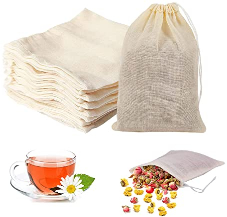 100 Pezzi Sacchetti Filtro per Tè Bustina di Tè Vuota con Coulisse in Mussola di Cotone Sacchetti Cotone Riutilizzabili per Tè Sfuso, Tisane, Caffè, Spezie (6 x 8 cm)