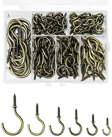 QWORK® 135 Stück Deckenhaken, Schraubhaken, Becherhaken, 6 Größen, Bronze zum Aufhängen von Pflanzen, Schlüsseln, Hüten