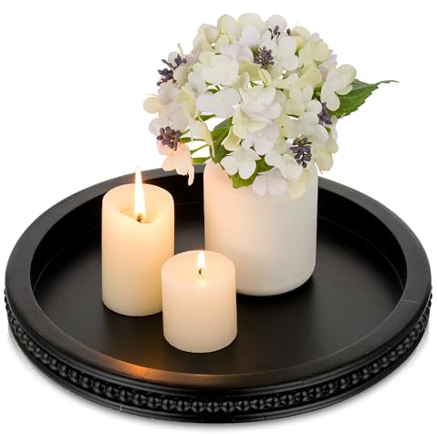 Hanobe Wood Decorative Tray Round: Black Beaded Coffee Table Tray Circle Modern Wooden Trays Home Decor Kitchen Counter Centerpiece Organizer