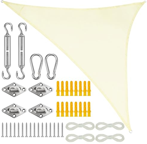 Belle Vous Cream Triangle Sun Shade Sail Set - 2 x 2 x 2m/6.5 x 6.5 x 6.5ft Waterproof Sunshade Awning Canopy with Ropes - Outdoor UV Block Sunscreen Canopy Shelter for Garden Patio or Backyard