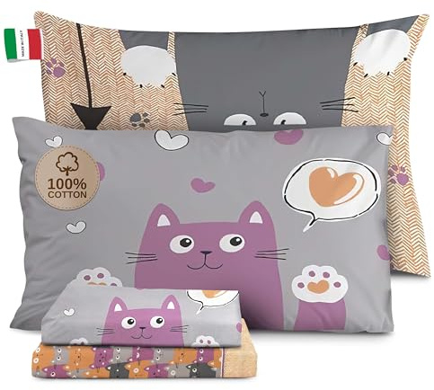 HomeLife Set Completo Lenzuola Matrimoniali Cotone Fantasia Made in Italy | Completo Letto Matrimoniale 100% Cotone, OEKO-TEX, Stampa Digitale, Lenzuolo Sopra, Sotto, 2 Federe | Gatti, Arancio