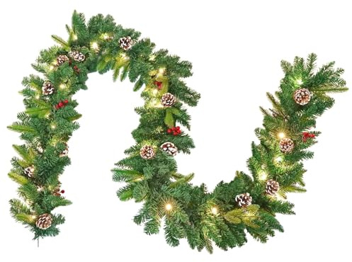 Aufun Weihnachtsgirlande 5m künstlich mit Beleuchtung Deko, Tannengirlande mit Rote Beere Tannenzapfen 75 LEDs Warmweiß 8 Modus Lichterketten, für Haus Treppen Kamin Haustür Innen Außen