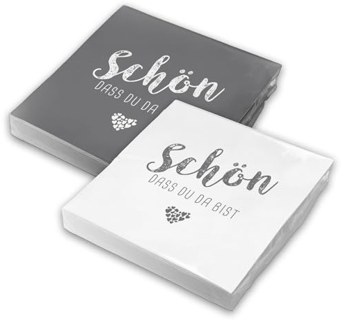 itenga Servietten Schön dass du da bist 30 x 30cm 3-lagig 40 Stück für Kommunion Konfirmation Hochzeit Taufe und andere Feiern (MixPack - 20x Grau und 20x Weiß)